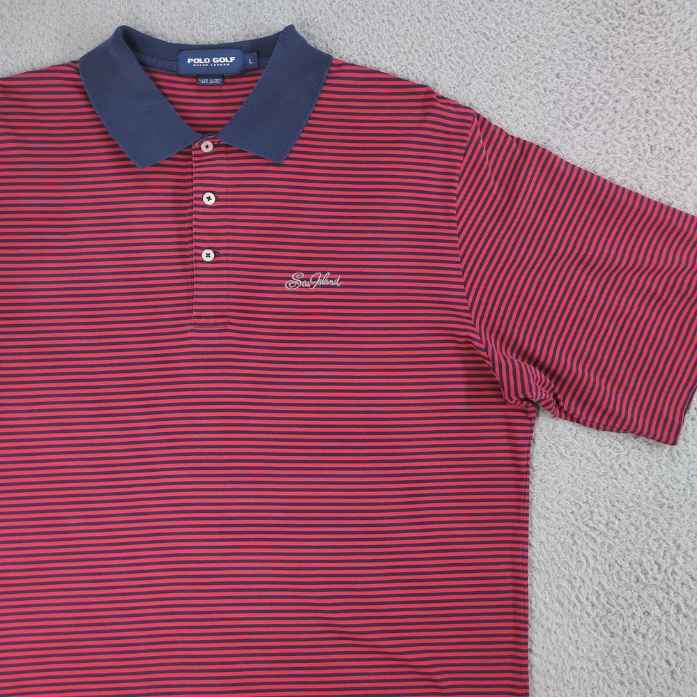 Polo Golf Ralph Lauren Shirt Men Large Sea Island Red & Navy Blue Striped Cotton